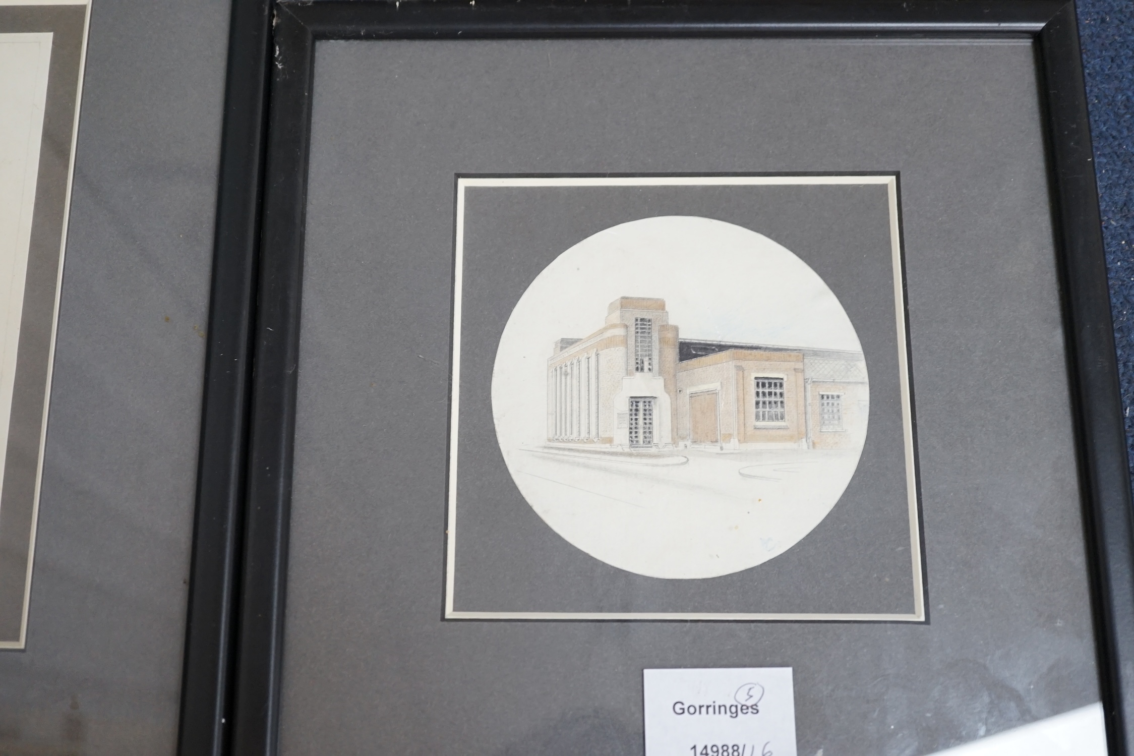 Five watercolour and pencil studies including meticulously observed drawings of electric motors, gears, an accelerometer and a view of a building, possibly designed by Giles Gilbert Scott, 18 x 13.5cm. Condition - fair